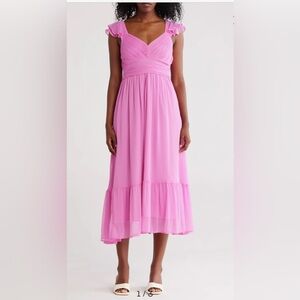 Elegant Pink Ruffle Sleeve Dress V-Neck Ruffle Chiffon Midi Dress